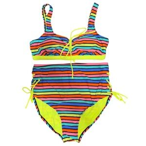 Snookini by Nicole Polizzi XL Neon Striped Tie High Waist Bikini Set